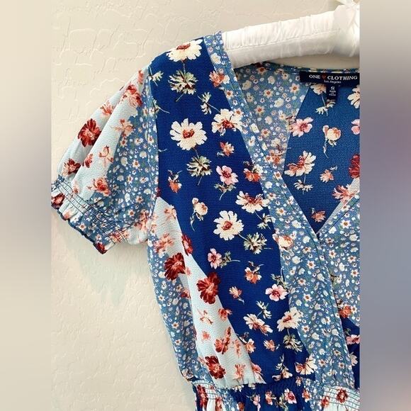 ONE CLOTHING Blue Mixed Floral Patchwork Top Smocked Waist Cropped | Size Small - Picture 3 of 6